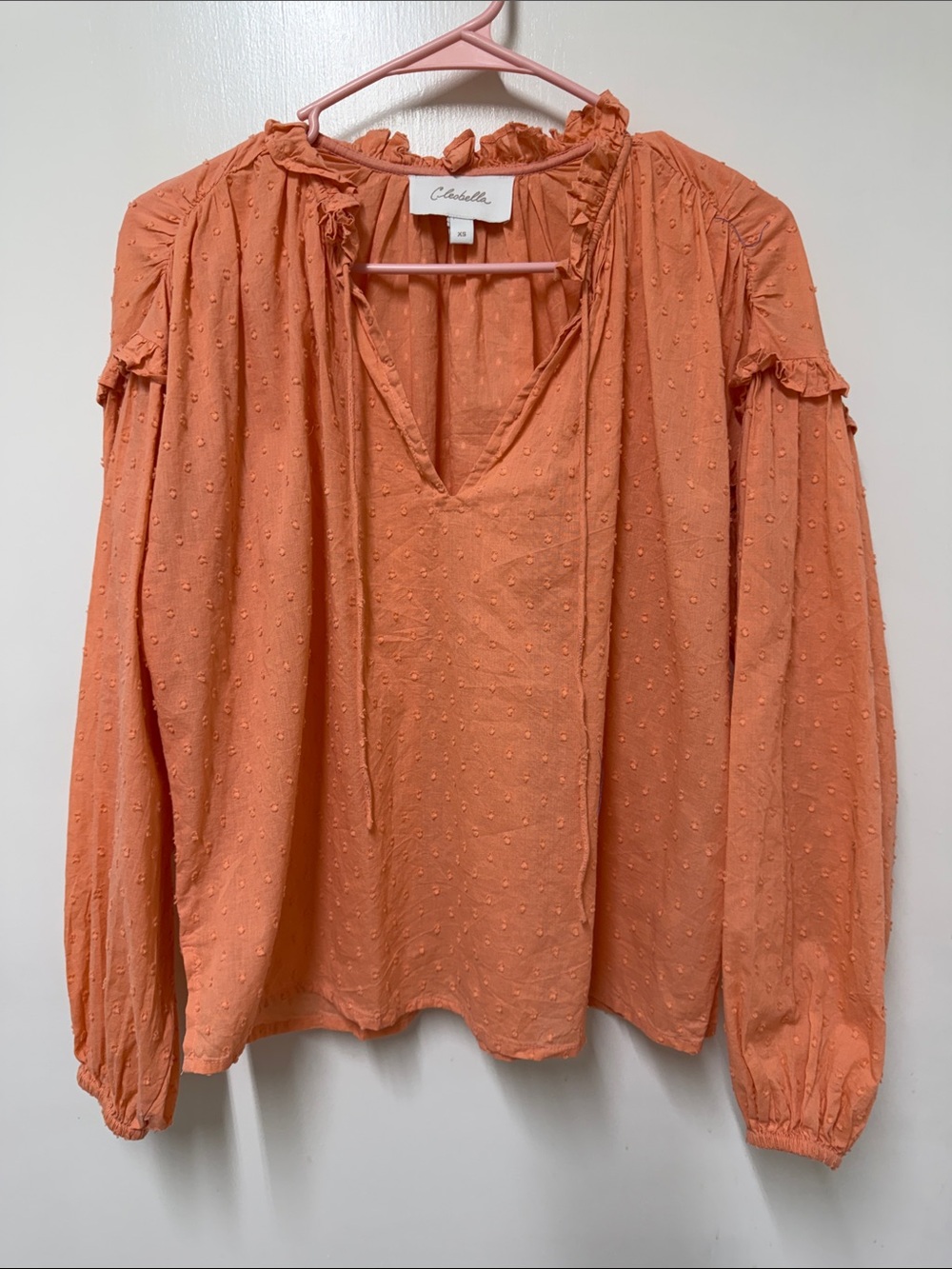 Cleobella Coral Orange Swiss Dot V-Neck Ruffle Blouse